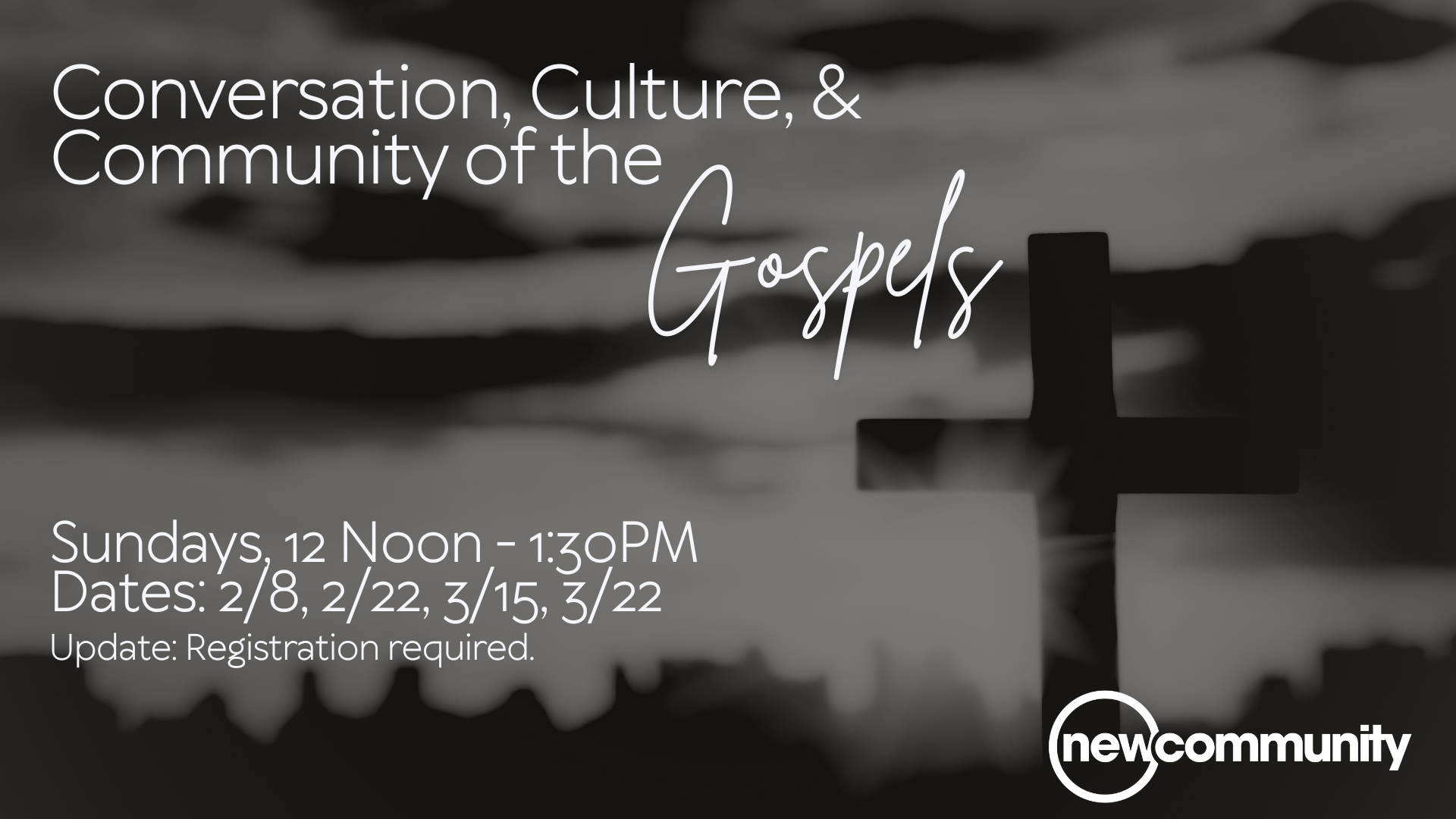 Four accounts. Four perspectives, yet one story. The Gospels record the life and work of Jesus, each account reflecting the deep historical context of the time and the priorities of the author. In this class, we will explore how the Gospel accounts speak to each other and help us to gain a deeper understanding of Jesus. Sundays, 12 Noon - 1:30 PM Dates: 2/8, 2/22, 3/15 3/22 Bring a bite to eat in the fellowship hall before class. Class will start in the sanctuary at 12 noon. Please register even if you cannot attend all 4 classes.